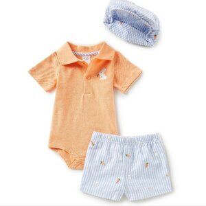 Starting Out 3 PC Easter Outfit, Orange Onesie, Blue Striped Shorts & Hat, NWT!